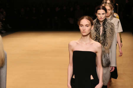 NEW YORK, NY - FEBRUARY 13: Models walk in the Sally LaPointe Fashion show during MBFW Fall 2015 at Skylight Modern on February 13, 2015 in NYC.のeditorial素材