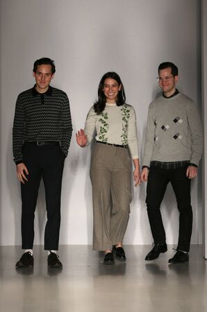 NEW YORK, NY - FEBRUARY 13: Designers Alex Orley, Samantha Orley and Matthew Orley walk the runway...