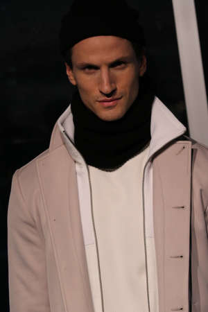 NEW YORK, NY - FEBRUARY 11: A model walks the runway at W.R.K. presentation during the Mercedes-Benz Fashion Week Fall 2015 at the Glass Houses on February 11, 2015 in NYC.のeditorial素材