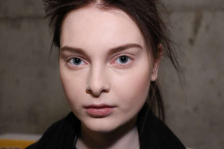 NEW YORK, NY - FEBRUARY 13: A model getting ready backstage at the Sally LaPointe Fashion show during MBFW Fall 2015 at Skylight Modern on February 13, 2015 in NYC.のeditorial素材