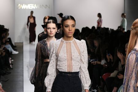 NEW YORK, NY - FEBRUARY 13: Models walk the runway at Zimmermann fashion show during Mercedes-Benz Fashion Week Fall 2015 at ArtBeam on February 13, 2015 in NYC.のeditorial素材