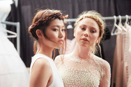 NEW YORK, NY - FEBRUARY 19: Models getting ready backstage at the New York Life fashion show during MBFW Fall 2015 at Lincoln Center on February 19, 2015 in NYC.のeditorial素材