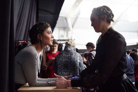 NEW YORK, NY - FEBRUARY 19: A model getting ready backstage at the New York Life fashion show during MBFW Fall 2015 at Lincoln Center on February 19, 2015 in NYC.のeditorial素材