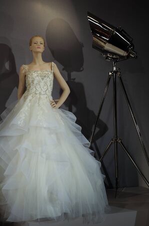 NEW YORK, NY - APRIL 20: Bridal dresses on the mannequins is seen at A Toast To Tony Ward: A Special Bridal Collection at Kleinfeld on April 20, 2015 in NYC.のeditorial素材