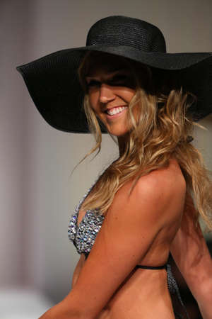 NEW YORK, NY - SEPTEMBER 11: A model walks the runway at the Lainy Gold Swimwear fashion show during Spring 2016 New York Fashion Week at Gotham Hall on September 11, 2015 in New York City.のeditorial素材