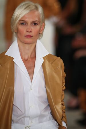 NEW YORK, NY - SEPTEMBER 17: A model walks the runway wearing Ralph Lauren Spring 2016 during New York Fashion Week: The Shows at Skylight Clarkson Sq on September 17, 2015 in New York City.のeditorial素材