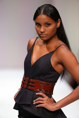 NEW YORK, NY - SEPTEMBER 11: A model walks the runway at the Esosa fashion show during Spring 2016 New York Fashion Week at Gotham Hall on September 11, 2015 in New York City.のeditorial素材