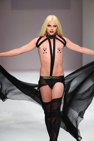 NEW YORK, NY - SEPTEMBER 12: A model walks the runway at the Marco Marco fashion show during Spring 2016 New York Fashion Week at Gotham Hall on September 12, 2015 in New York City.のeditorial素材