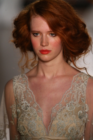 NEW YORK, NY - OCTOBER 08: A model walks during the Claire Pettibone Bridal Fall/Winter 2016 Presentation at The Prince George Ballroom on October 8, 2015 in New York City.のeditorial素材