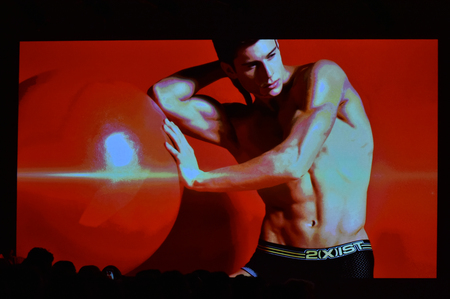 NEW YORK, NY - OCTOBER 14: Screening advertising before the runway show during 2(X)IST Men's Spring/Summer 2016 Collection at Skyline Modern on October 14, 2015 in NYCのeditorial素材