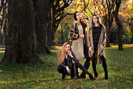 Three beautiful young models in autumn elegant clothes posing at Central Park, New York location, for fall fashion photo shoot.の写真素材