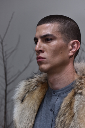 NEW YORK, NY - FEBRUARY 02: A model poses during the Brett Johnson Presentation during New York Fashion Week Men's Fall/Winter 2016 at Skylight at Clarkson Sq on February 2, 2016 in New York City.のeditorial素材