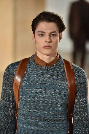 NEW YORK, NY - FEBRUARY 03: A model walks the runway wearing Perry Ellis during New York Fashion...