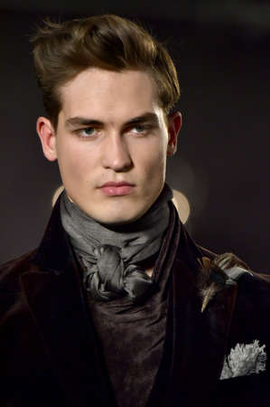 NEW YORK, NY - FEBRUARY 02: A model walks the runway at the Joseph Abboud Runway Show during New York Fashion Week Men's Fall/Winter 2016 on February 2, 2016 in NYC.のeditorial素材