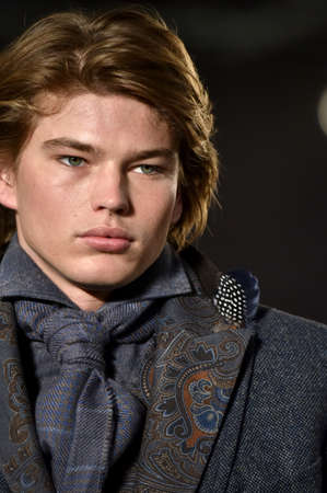 NEW YORK, NY - FEBRUARY 02: A model walks the runway at the Joseph Abboud Runway Show during New York Fashion Week Men's Fall/Winter 2016 on February 2, 2016 in NYC.のeditorial素材