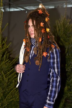 NEW YORK, NY - FEBRUARY 03: A model poses wearing Nick Graham during New York Fashion Week Men's...