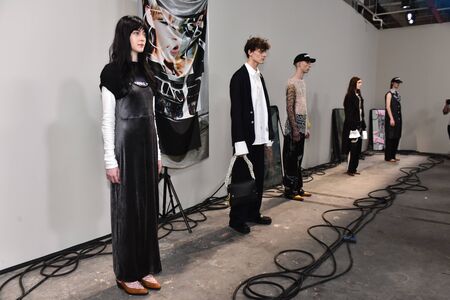 NEW YORK, NY - FEBRUARY 04: Models pose at Devon Halfnight Leflufy's presentation during the New...