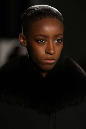 NEW YORK, NY - FEBRUARY 12: A model walks the runway at Pamella Roland fashion show during Fall 2016 New York Fashion Week on February 12, 2016 in NYC.のeditorial素材