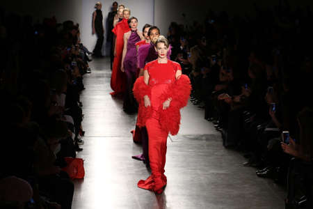 NEW YORK, CA - FEBRUARY 13: Models walk the runway finale at the Zang Toi Fall 2016 Fashion show...