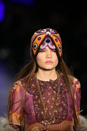 NEW YORK, NY - FEBRUARY 17: A model walks the runway at the Anna Sui Fall 2016 show during New York...
