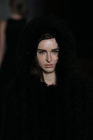 NEW YORK, NY - FEBRUARY 16: A model walks the runway at the Morgane Le Fay Fashion Show during Fall 2016 New York Fashion Week on February 16, 2016 in NYC.のeditorial素材