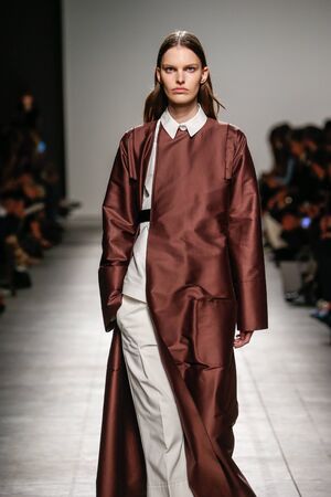 MILAN, ITALY - SEPTEMBER 26: A model walks the runway during the Gabriele Colangelo fashion show as part of Milan Fashion Week Spring/Summer 2016 on September 26, 2015 in Milan, Italy.のeditorial素材