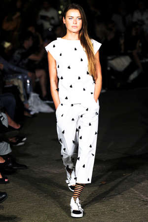 MILAN, ITALY - SEPTEMBER 26: A model walks the runway during the Mauro Gasperi fashion show as part of Milan Fashion Week Spring/Summer 2016 on September 26, 2015 in Milan, Italy.のeditorial素材