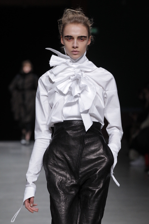 PARIS, FRANCE - MARCH 04: A model walks the runway during the Aganovich show as part of the Paris Fashion Week Womenswear Fall/Winter 2015/2016 on March 4, 2015 in Paris, France.のeditorial素材