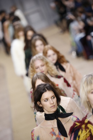 PARIS, FRANCE - MARCH 03: Models walk the runway finale during the Chloe show as part of the Paris Fashion Week Womenswear Fall/Winter 2016/2017 on March 3, 2016 in Paris, France.のeditorial素材