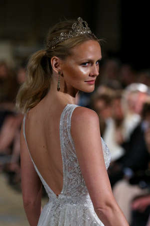 NEW YORK, NY - OCTOBER 09: A model walks runway at Berta Bridal Fall/Winter 2016 Runway Show on October 9, 2015 in New York City.のeditorial素材