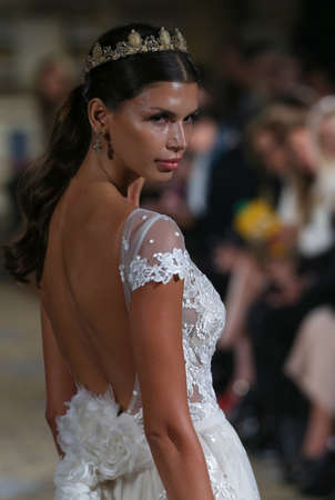 NEW YORK, NY - OCTOBER 09: A model walks runway at Berta Bridal Fall/Winter 2016 Runway Show on October 9, 2015 in New York City.のeditorial素材