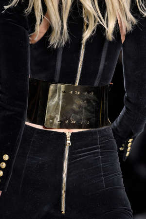 PARIS, FRANCE - MARCH 03: A model walks the runway (detail) during the Balmain show as part of the...