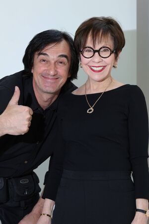 NEW YORK, NY - APRIL 14:Photographer Anton Oparin (L) and designer Anne Barge (R) posing during the Anne Barge Bridal Spring/Summer 2017 Runway Show at Annex 38 on April 14, 2016 in New York City.のeditorial素材