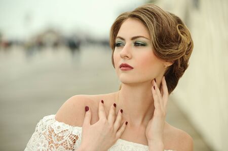 Glamour portrait of beautiful woman model with fresh daily makeup and romantic  hairstyle.の写真素材