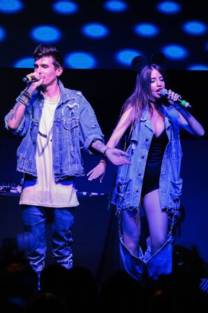 NEW YORK, NY - MAY 12: Russian duet Vremia & Steklo perform on the stage during their Amrerican...