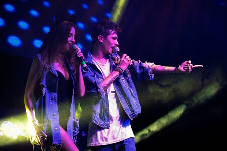 NEW YORK, NY - MAY 12: Russian duet Vremia & Steklo perform on the stage during their Amrerican concert tour at Stage 48 on May 12, 2016 in New York City.のeditorial素材