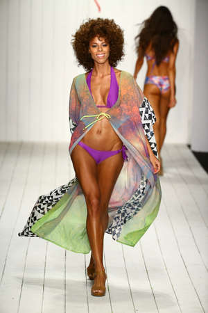 MIAMI, FL - JULY 17: A model walks runway in designer swim apparel during the Pob and Lulu fashion show for Miami Swim Week on July 17, 2015のeditorial素材