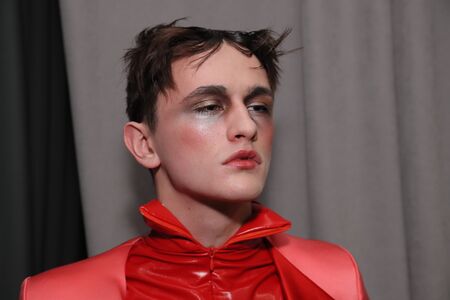 NEW YORK, NY - FEBRUARY 02: A model posing backstage at the Palomo Spain Collection during NYFW: Men's at the Cadillac House on February 2, 2017 in New York City.のeditorial素材