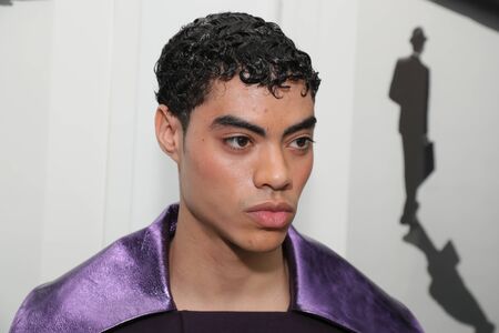 NEW YORK, NY - FEBRUARY 02: A model posing backstage at the Palomo Spain Collection during NYFW: Men's at the Cadillac House on February 2, 2017 in New York City.