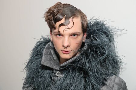 NEW YORK, NY - FEBRUARY 02: A model posing backstage at the Palomo Spain Collection during NYFW: Men's at the Cadillac House on February 2, 2017 in New York City.のeditorial素材