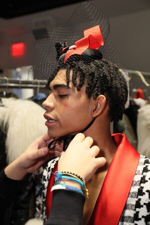 NEW YORK, NY - FEBRUARY 02: A model posing backstage at the Palomo Spain Collection during NYFW: Men's at the Cadillac House on February 2, 2017 in New York City.のeditorial素材