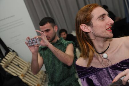 NEW YORK, NY - FEBRUARY 02: A model posing backstage at the Palomo Spain Collection during NYFW: Men's at the Cadillac House on February 2, 2017 in New York City.のeditorial素材