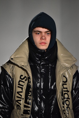 NEW YORK, NY - JANUARY 31: A model walks the runway wearing N. Hoolywood during NYFW: Mens on...