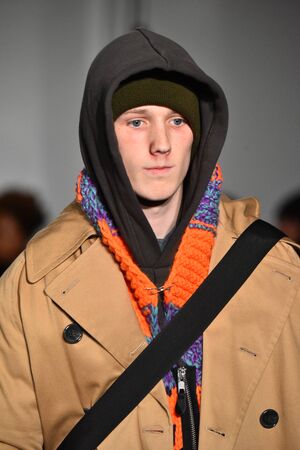 NEW YORK, NY - JANUARY 31: A model walks the runway wearing N. Hoolywood during NYFW: Mens on...