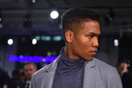 NEW YORK, NY - JANUARY 31: A model poses during the Zachary Prell Prestentation during NYFW: Mens at Skylight Clarkson North on January 31, 2017 in New York City.のeditorial素材