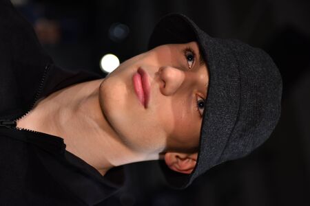 NEW YORK, NY - JANUARY 31: A model poses during the Zachary Prell Prestentation during NYFW: Mens at Skylight Clarkson North on January 31, 2017 in New York City.のeditorial素材