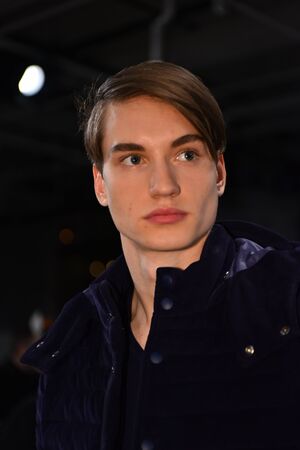 NEW YORK, NY - JANUARY 31: A model poses during the Zachary Prell Prestentation during NYFW: Mens at Skylight Clarkson North on January 31, 2017 in New York City.のeditorial素材