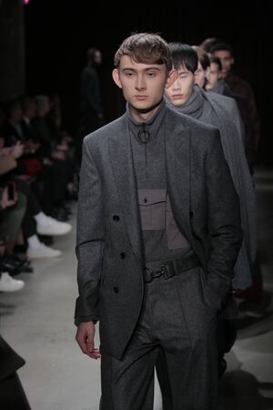 NEW YORK, NY - JANUARY 31: Models walk the ruway finale at the Boss fashion show during NYFW: Mens...