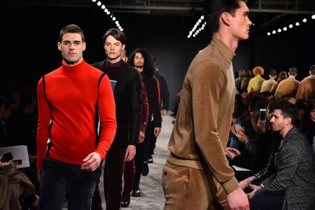 NEW YORK, NY - FEBRUARY 01: Models walk the runway finale  during the Todd Snyder NYFW: Mens show at Skylight Clarkson North on February 1, 2017 in New York City.のeditorial素材