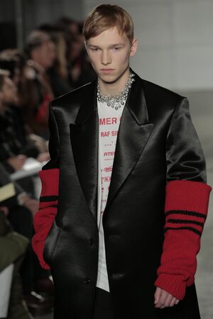 NEW YORK, NY - FEBRUARY 01: A model walks the runway at the Raf Simons fashion show during NYFW:...
